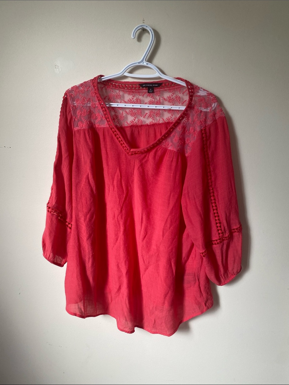 Zac & Rachel Coral Lace Yoke V-Neck Boho Blouse